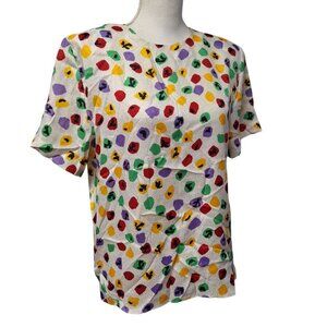 Eva Laurel New York Shoulder Pads Vintage Blouse Womens 10 USA Colorful Polka